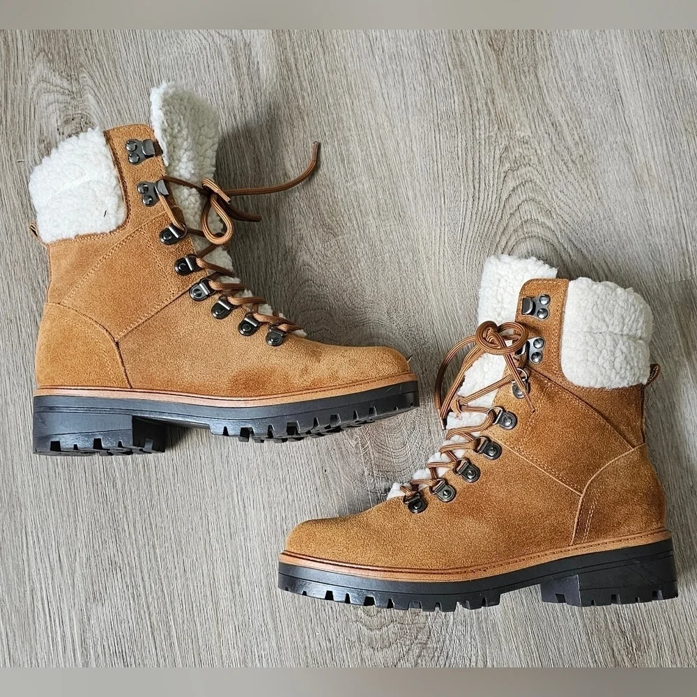 Marc Fisher Tan Suede Sherpa-Lined Lace-Up Winter Boots – Size 8M - Picture 8 of 12